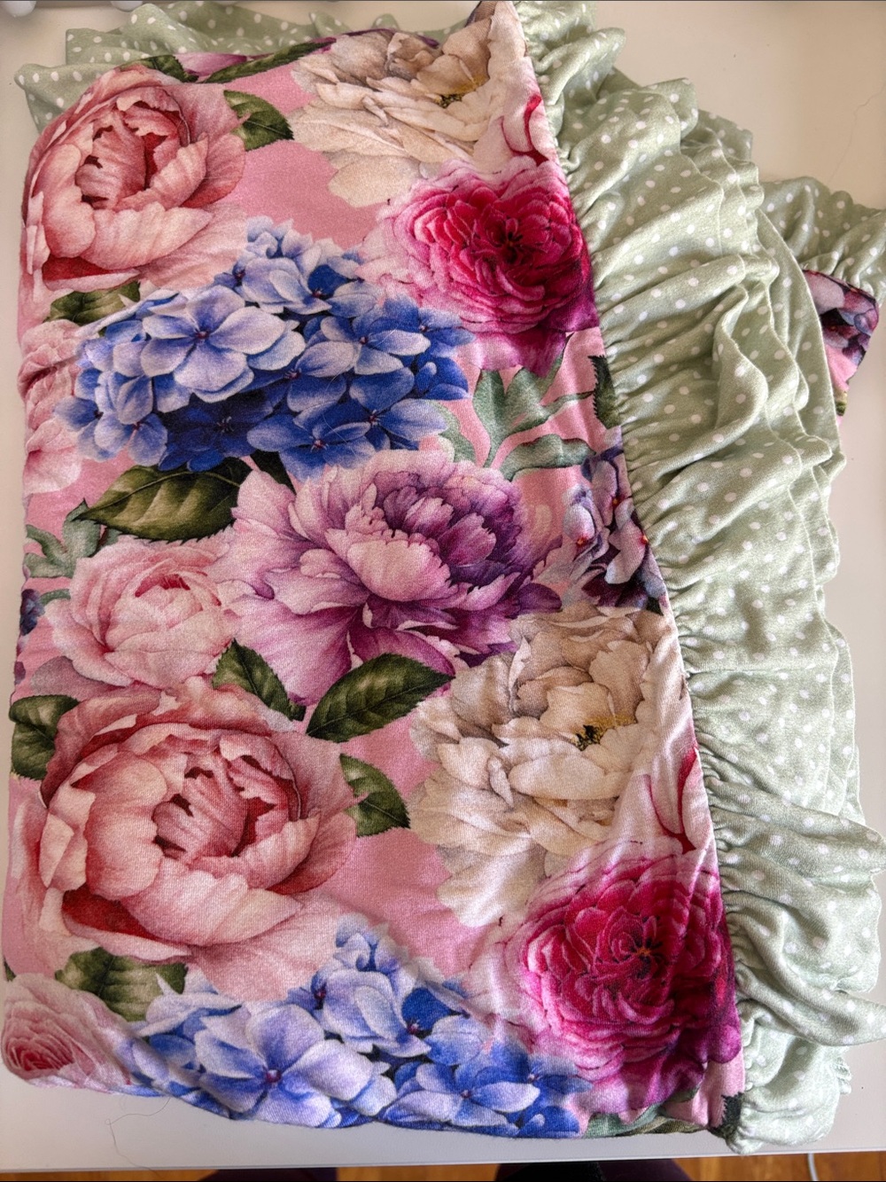 Posh Peanut Pink Floral Ruffle Throw with Green Polka Dot Backing